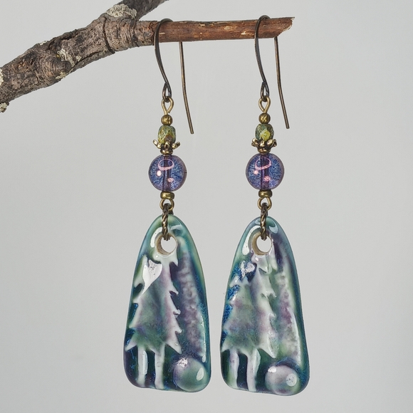 Earth Art hand crafted artisan Jewelry - HAND CRAFTED EARRINGS Purple Green Ceramic Tree Moon Statement Dangle Drop